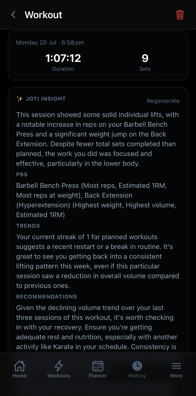 An AI-written workout summary shown after finishing a session in Joti