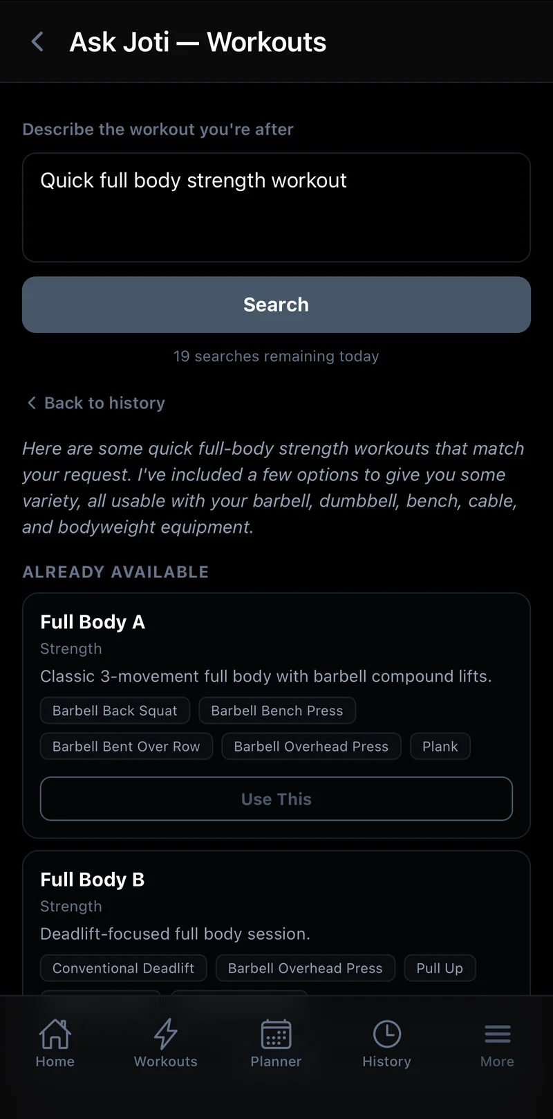Joti AI workout search matching an existing template
