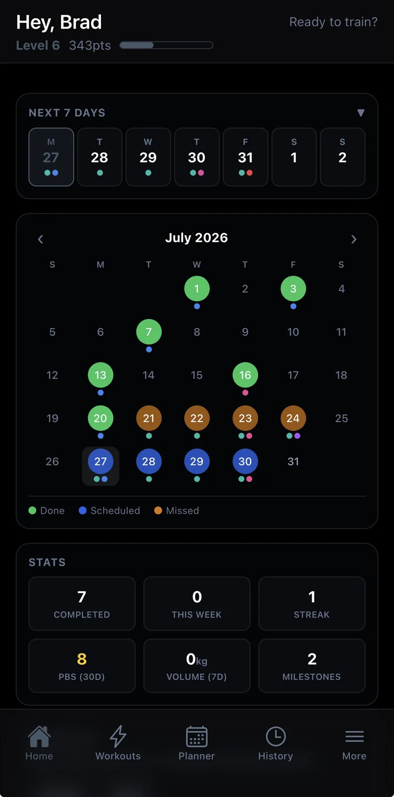 The Joti dashboard showing streak, points and workout calendar