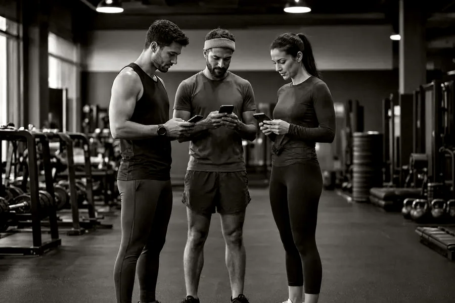 Two people checking their workout apps at the gym