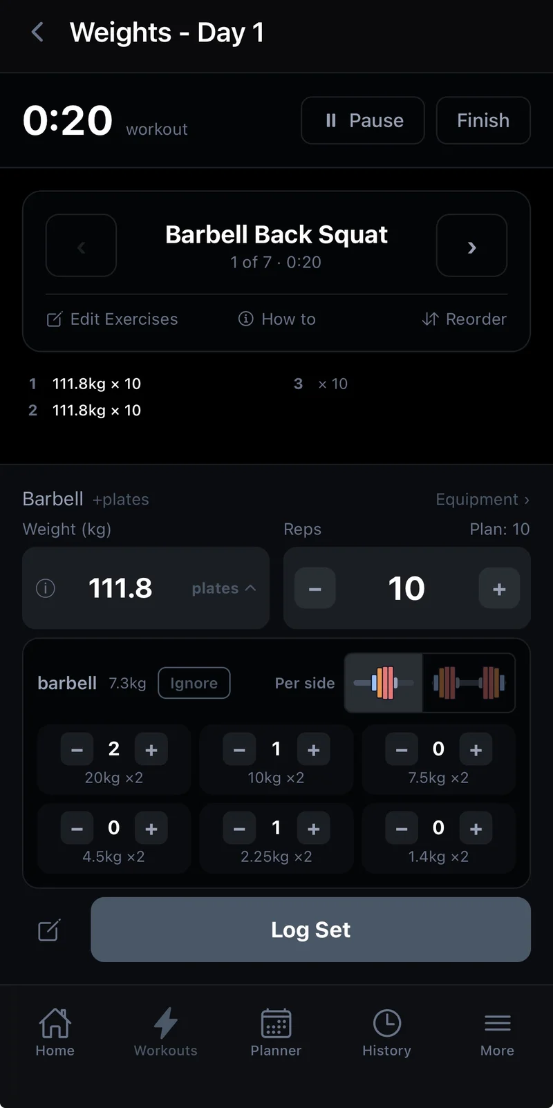 Joti workout session screen with plate calculator