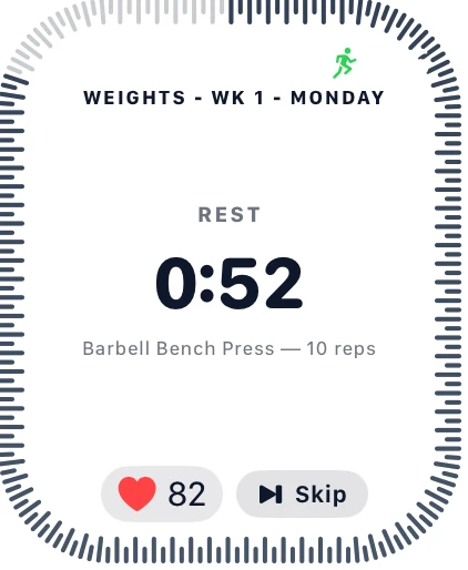 The Joti Apple Watch app showing a rest timer, current exercise and live heart rate during a workout