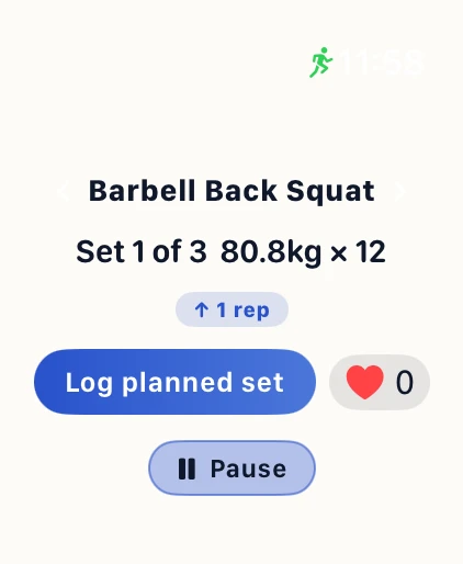 Logging a planned set on the Joti Apple Watch app, showing weight, reps and rep progression